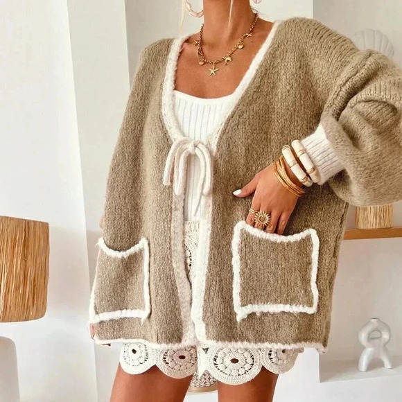 Khaki Casual Women's Loose Fit V-Neck Long Sleeve Cardigan - Picture 1 of 7